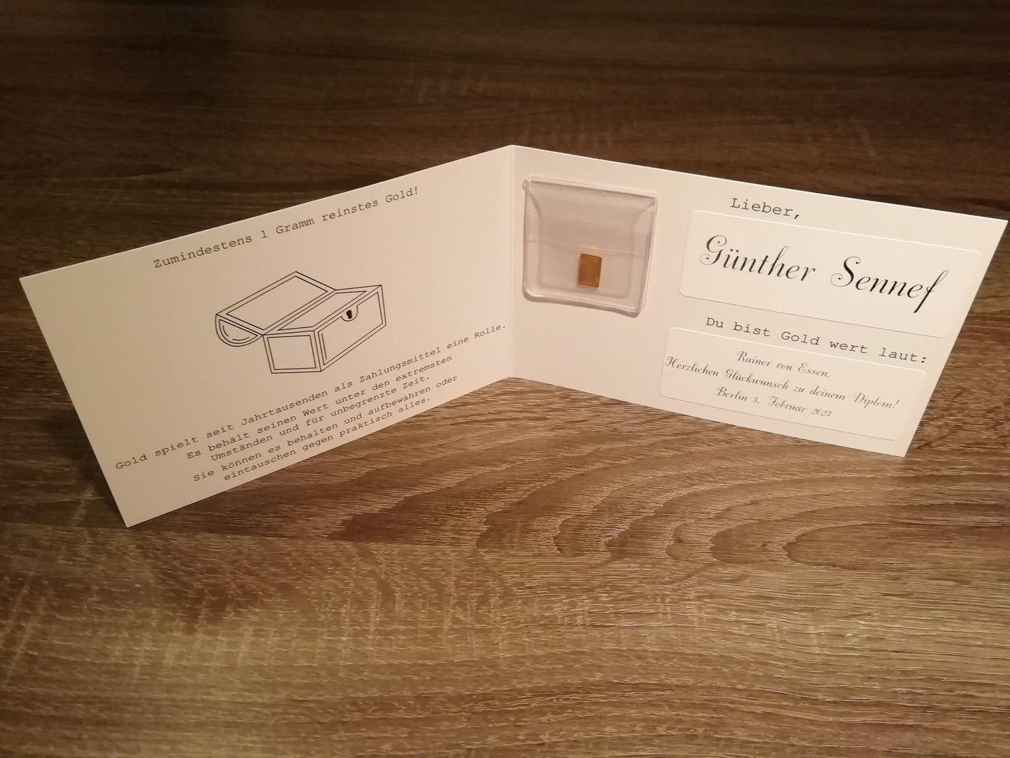 Persönliche Grußkarte mit 1 Gramm Barren reines Gold!