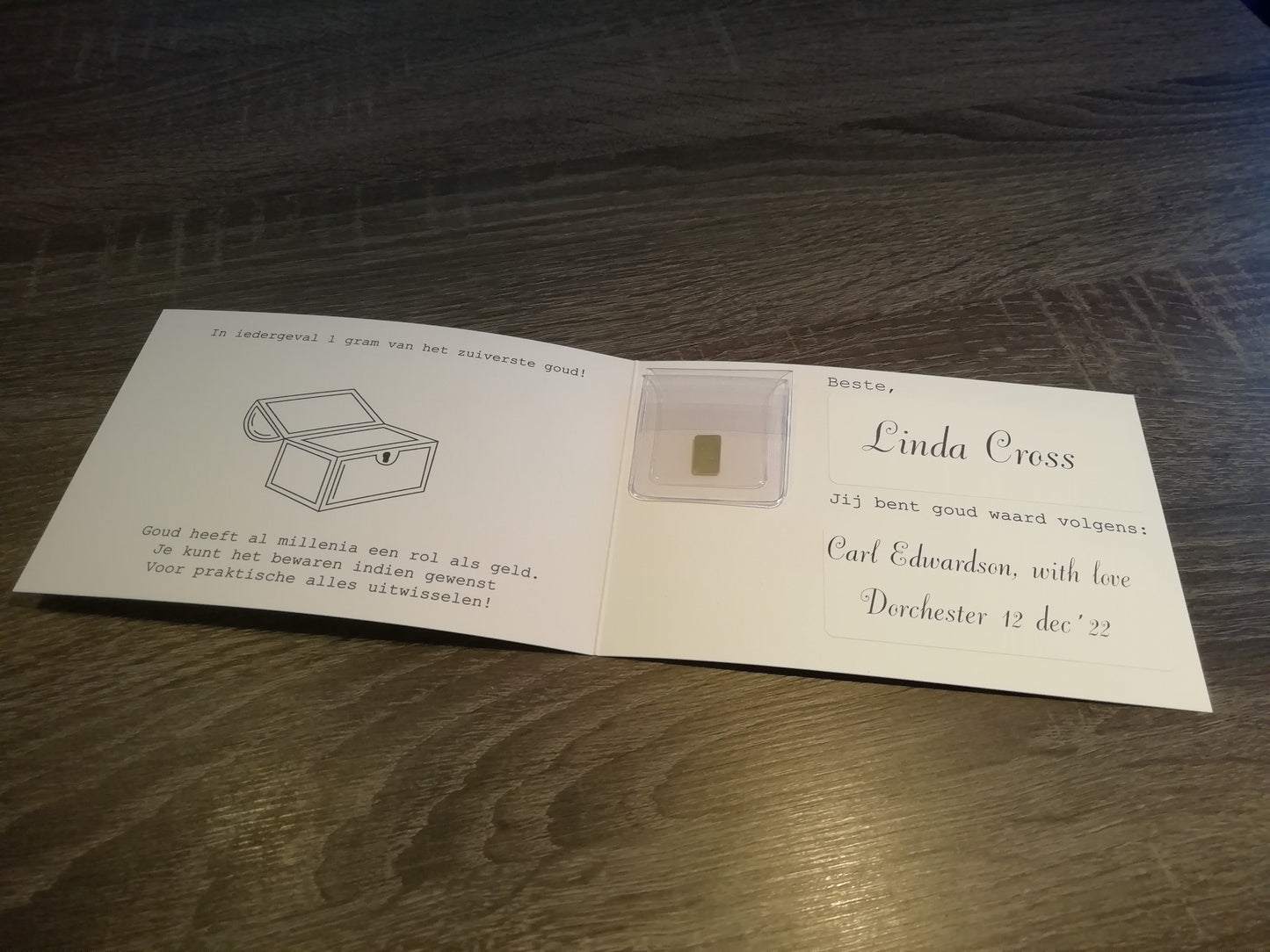Persönliche Grußkarte mit 1 Gramm Barren reinem Gold!