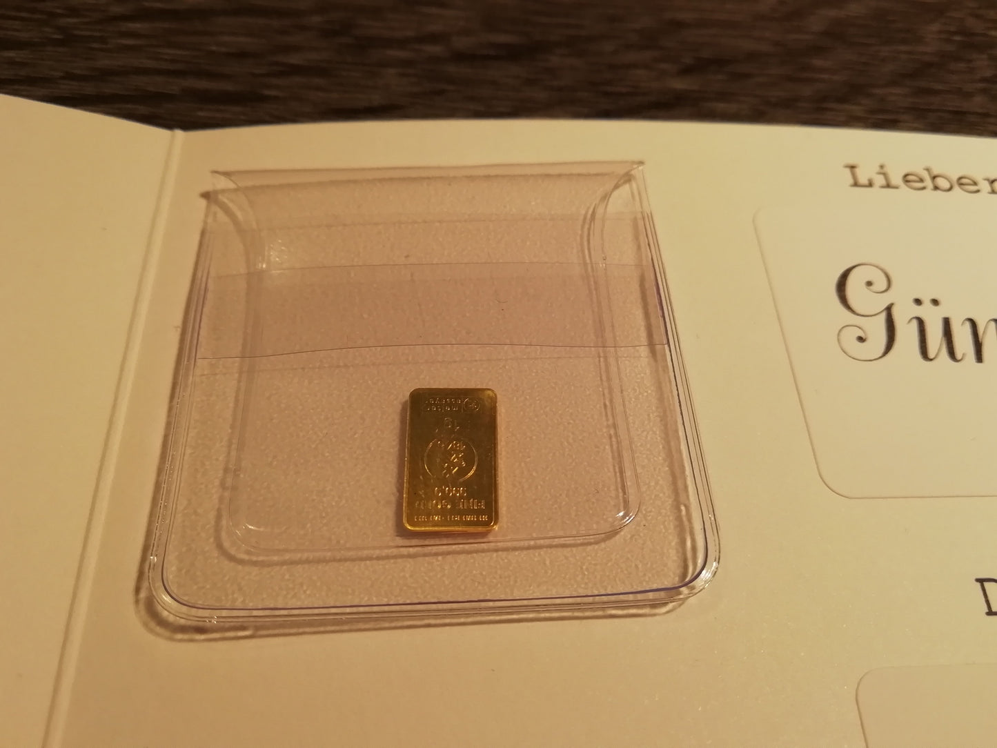 Persönliche Grußkarte mit 1 Gramm Barren reines Gold!